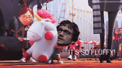 Man With Glasses Holding Stuffed Unicorn Saying It's So Fluffy GIF