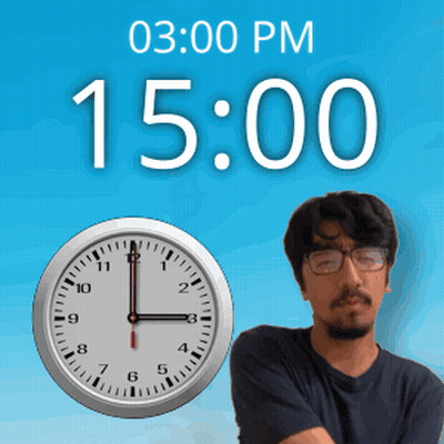 Man With Glasses In Front Of Clock Reading 15:00 GIF