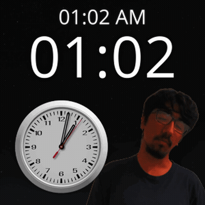 Man With Glasses In Front Of Clock Saying 1:02 AM GIF