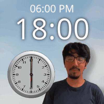 Man With Glasses In Front Of Clock Saying 18:00 GIF