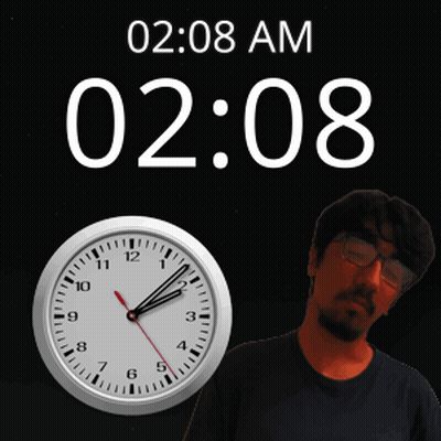 Man With Glasses In Front Of Clock Saying 2:08 AM GIF