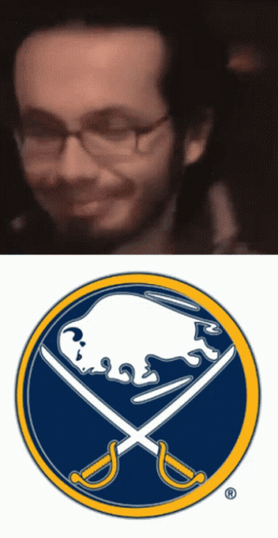 Man With Glasses Next To Sabres Logo GIF
