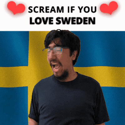 Man With Glasses Screaming In Front Of Sweden Flag GIF