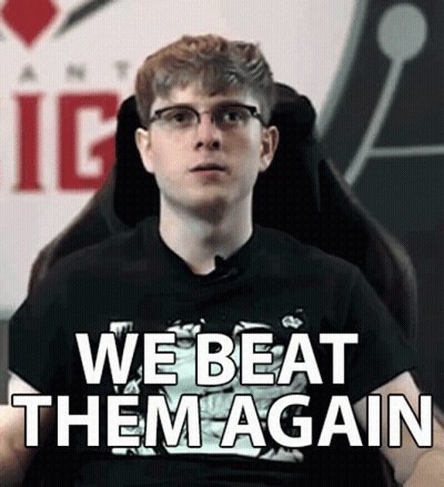 Man With Glasses Sitting In Chair Saying We Beat Them Again GIF