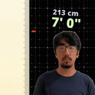 Man With Glasses Standing In Front Of Ruler Saying 213 Cm 7 0 GIF