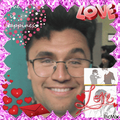 Man With Glasses Surrounded By Pink Hearts And Love GIF