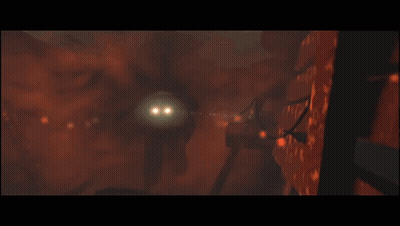 Man With Glowing Eyes Walking Through Dark Room GIF