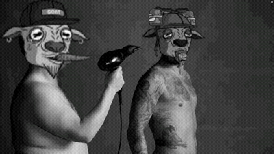 Man With Goat Head Blow Drying Hair GIF
