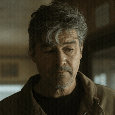 Man With Gray Hair And Beard Looking Down GIF