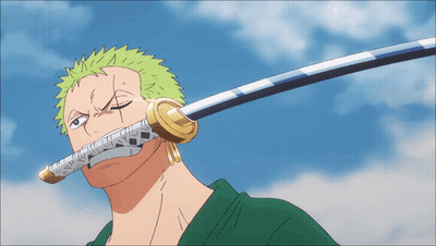 Man With Green Hair Holding Sword In Mouth GIF