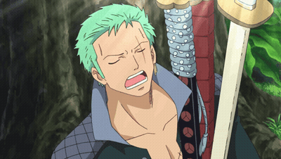 Man With Green Hair Holding Sword With Eyes Closed GIF