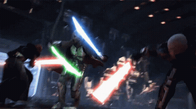 Man With Green Lightsaber Fights Red GIF