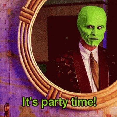 Man With Green Mask In Mirror It's Party Time GIF