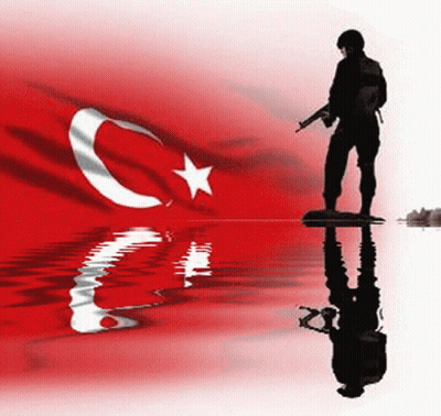 Man With Gun Standing in Front of Turkey Flag