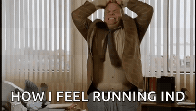 Hombre con manos en la cabeza diciendo How I Feel Running GIF