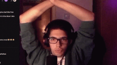 Man With Headphones And Glasses Hands Up At Microphone GIF