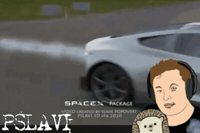 Man With Headphones Holding Hedgehog In Front Of SpaceX Ad GIF