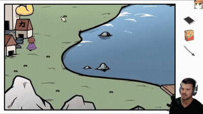 Man With Headphones In Front Of Lake Cartoon GIF