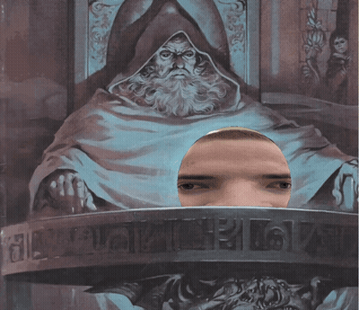 Man With Headphones In Front Of Wizard Painting GIF