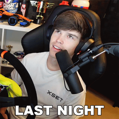 Man With Headphones Wearing Xset Shirt At Microphone Saying Last Night GIF