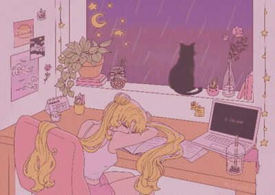 Man With Headphones Writing, Cat On Window Sill GIF