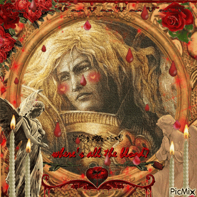 Man With Hearts On Face Surrounded By Candles And Roses GIF