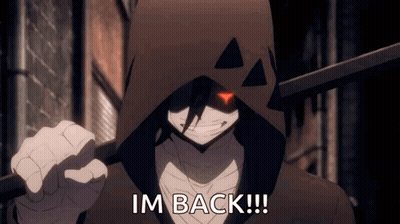 Man With Hood And Red Eyes Holding Stick Says I'm Back GIF