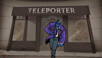 Man With Horns And Purple Jacket In Front Of Tel Sign GIF