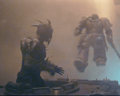 Man With Horns And Robot With Sword GIF