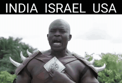 Man With Horns On Shoulders In Front Of Trees With India Israel USA Above GIF
