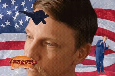 Man With Hot Dog In Mouth And Donald Trump In Front Of Flag GIF