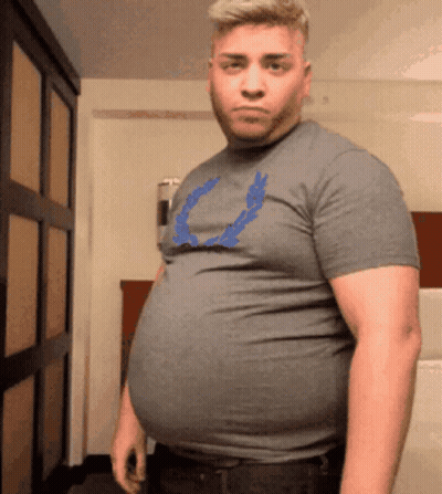 Man With Large Belly And Blue Laurel Shirt GIF