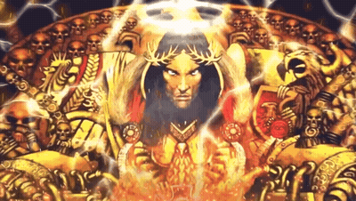 Man With Laurel Wreath Surrounded By Skulls GIF