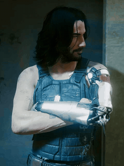 Man With Long Black Hair Beard Blue Vest Robotic Arm GIF