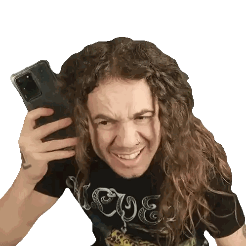 Man With Long Curly Hair Holding Cell Phone Sticker