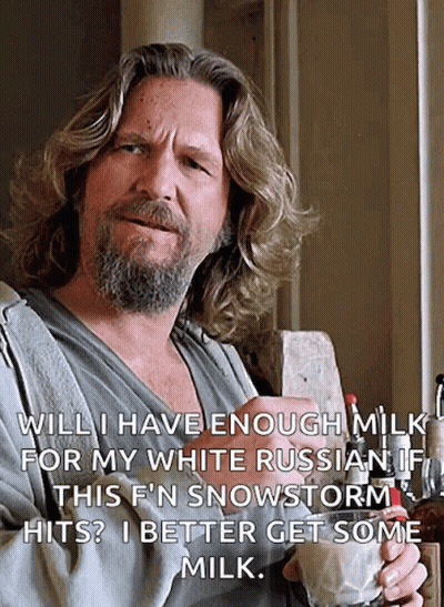 Man With Long Hair And Beard Holding Milk Saying Will I Have Enough For My White Russian GIF