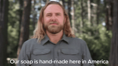 Man With Long Hair And Beard Saying Our Soap Is Hand-Made Here In America GIF