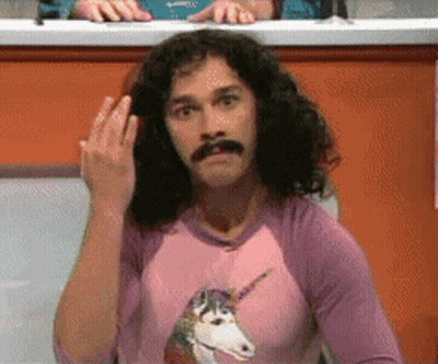 Man With Long Hair And Mustache In Pink Unicorn Shirt GIF