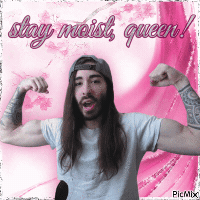 Man With Long Hair Flexing Muscles Stay Moist Queen GIF