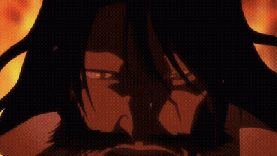 Man With Long Hair Holding Sword With Fire Background GIF