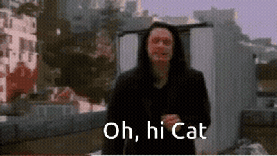 Man With Long Hair Says Oh Hi Cat GIF
