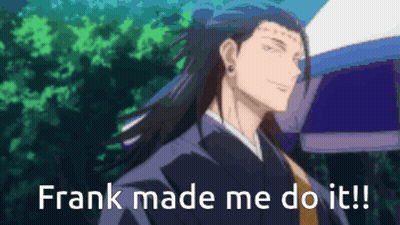 Man With Long Hair Standing In Front Of Umbrella Says Frank Made Me Do It GIF