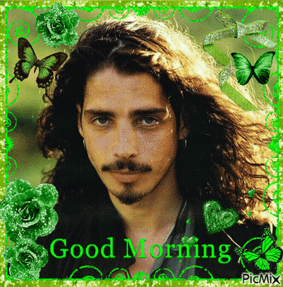 Man With Long Hair Surrounded By Green Butterflies Saying Good Morning GIF