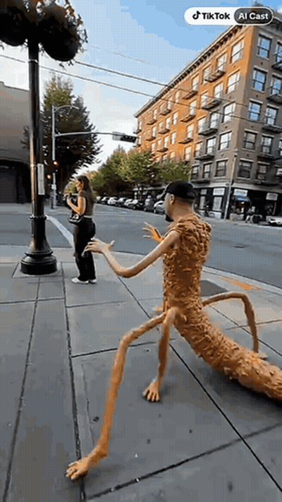 Man With Long Legs Standing Beside Woman Taking Picture GIF