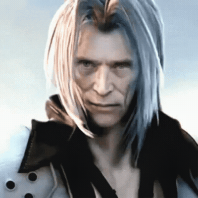 Man With Long White Hair And Black Jacket Looking Serious GIF