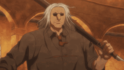 Man With Long White Hair And Glasses Holding Stick GIF