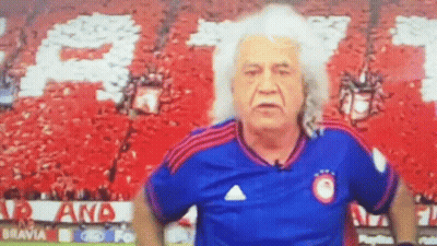 Man With Long White Hair Wearing Bravia Blue Shirt GIF