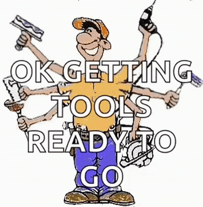 Man With Many Hands Holding Tools Saying Ok Getting Tools Ready To Go GIF