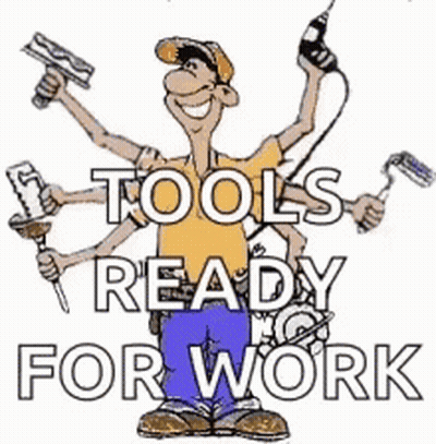 Man With Many Hands Holding Tools Saying Tools Ready For Work GIF