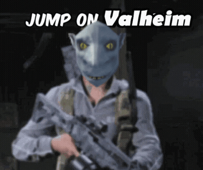 Man With Mask Holding Gun Jump On Valheim GIF